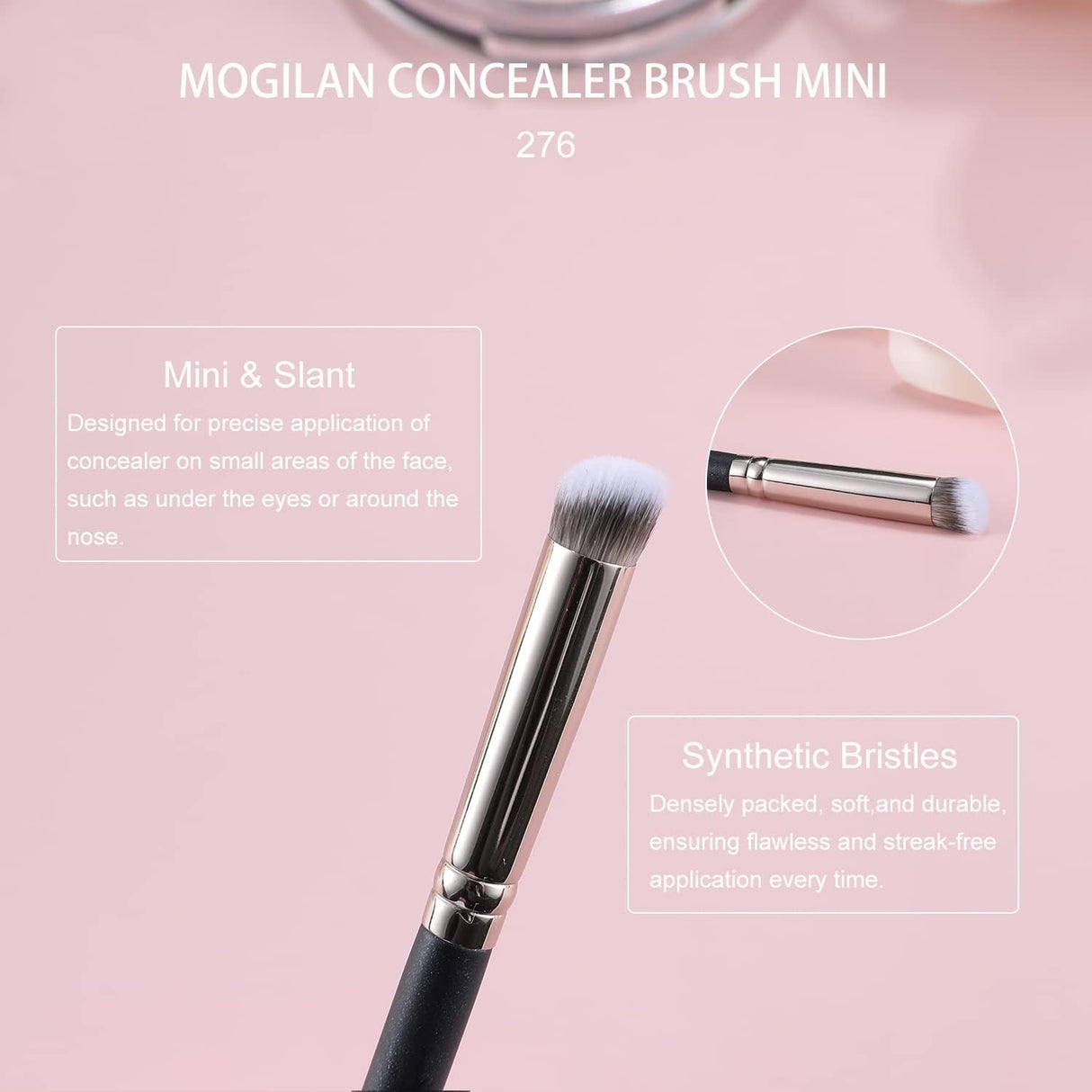 MOGILAN Angled Concealer Brush Under Eye, Mini Angled Contour Brush Synthetic Kabuki Brush for Concealing Blending Setting Buffing with Powder Liquid Cream Cosmetics Vegan Makeup Brushes (276)