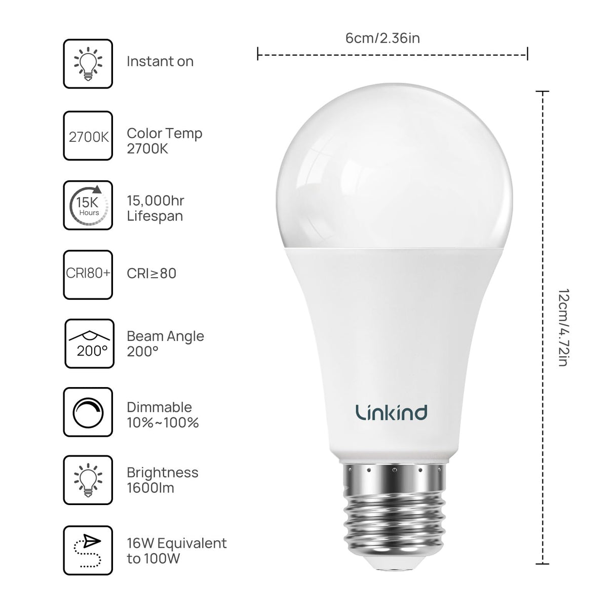 Linkind A19 LED Light Bulbs Dimmable, 100W Equivalent Light Bulbs, 16W, 2700K Soft White, 1600 Lumens LED Bulbs, E26 Standard Base, 120V, Lighting for Bedroom Living Room Home Office, 6 Packs