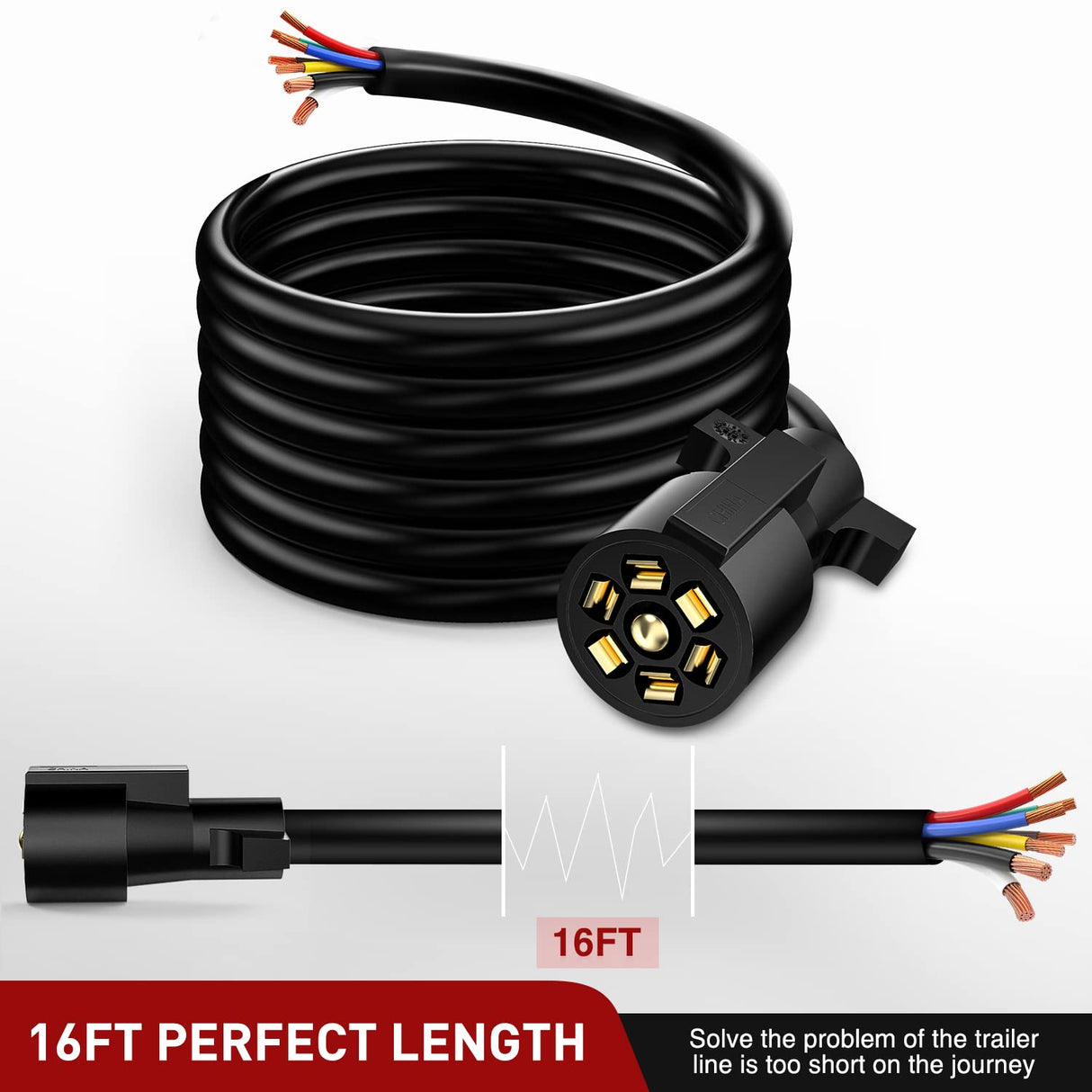 Nilight 16 Feet Heavy Duty 7 Way Plug Inline Trailer Cord 7-Pin Trailer Cord Wire Cable for Truck Camper Blade Molded RV Cable Weatherproof & Corrosion Resistant-16FT