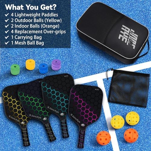 Pickleball-Paddles-Set of 4 or 2 Rackets by JoncAye, USAPA Approved Pickle-Ball Equipment with Balls, Bag, Accessories, Fiberglass Graphite Pickleball Racquet Set for Men, Women, Kids, Adults