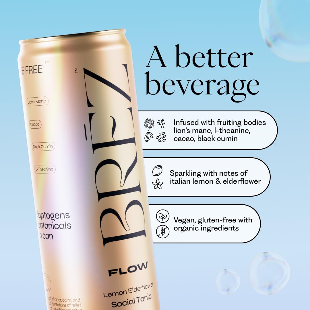 BREZ FLOW Lion’s Mane Mushroom Drink, 6-Pack, Non-Infused, Adaptogens, Relieving, Uplifting, and Social, Sparkling Lemon Elderflower Tonic 12 Fl oz