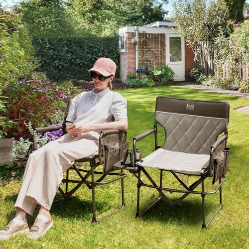 TIMBER RIDGE Heavy Duty Camping Chair with Compact Size, Portable Directors Chair with Side Table and Pocket for Camping, Lawn, Sports and Fishing, Supports Up to 400lbs, Tan
