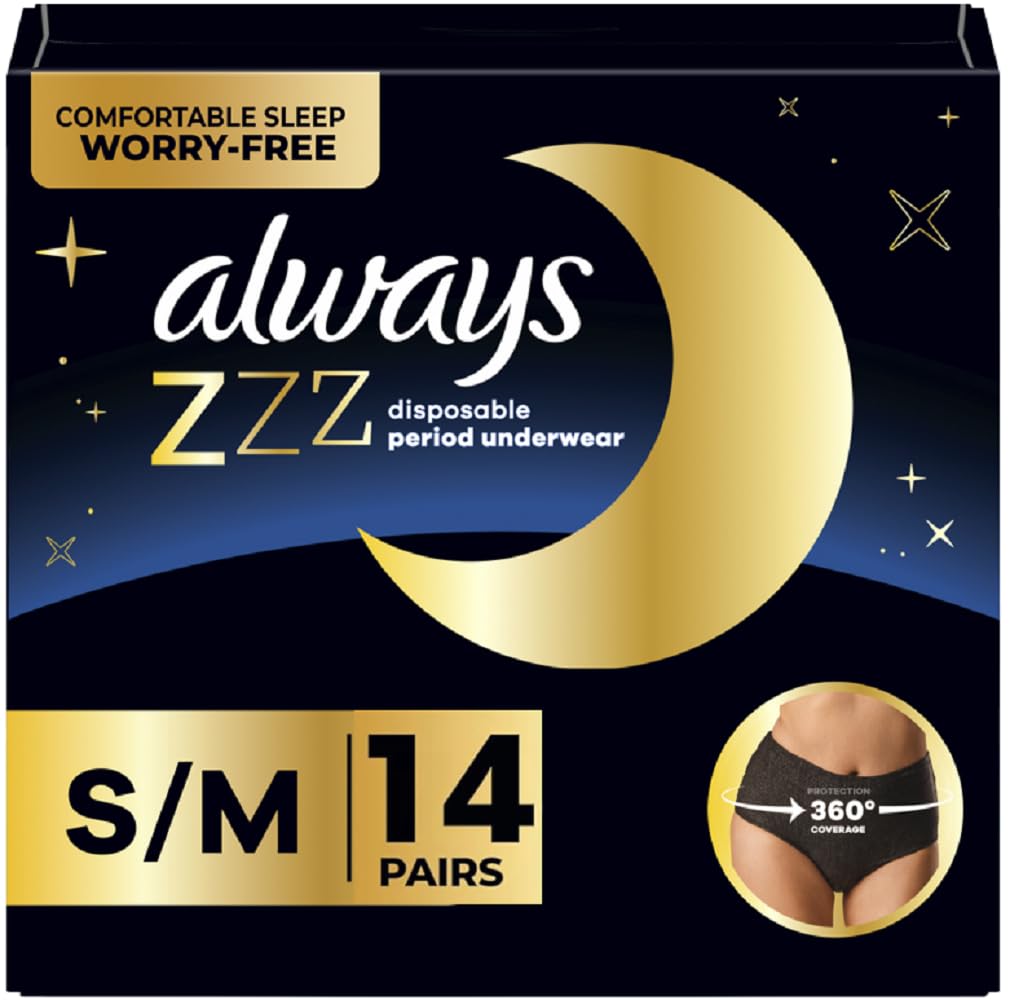 Always ZZZs Overnight Disposable Period Underwear for Women, Size S/M, Black Period Panties, Leakproof, 7 Count, Pack of 2 (14 Count Total)