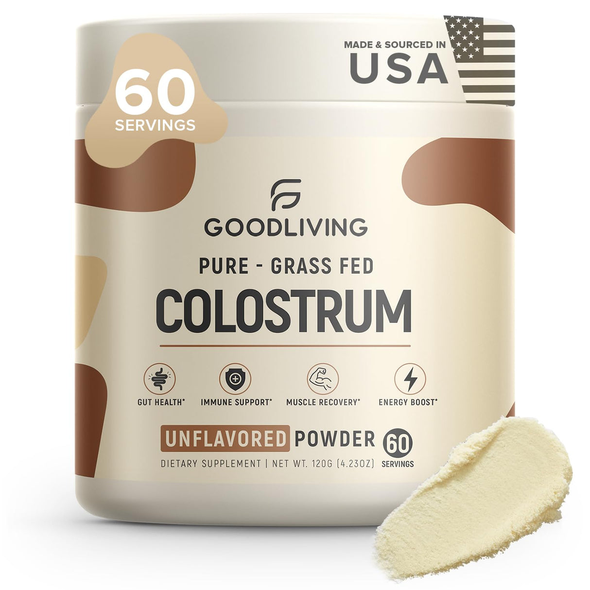 GoodLiving Grass Fed Colostrum Powder for Immune Support, Gut Health, Muscle Support & Wellness - Grass Fed Colostrum for Women & Men, Natural IgG Pure Whole Colostrum, Unflavored, 60 Servings