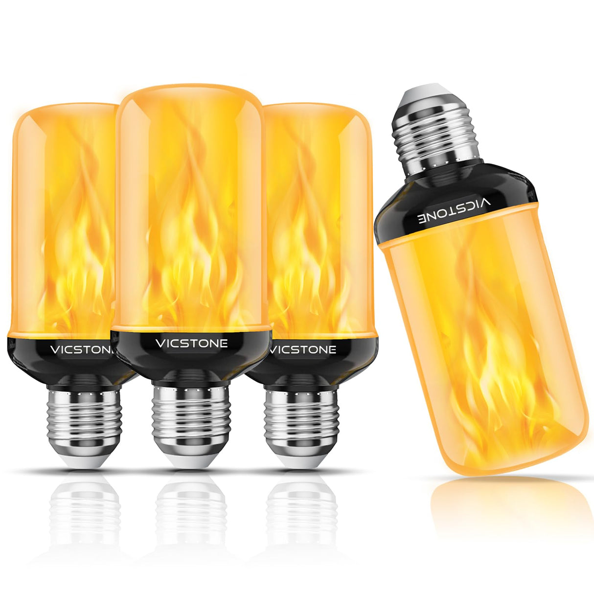 Vicstone Upgraded LED Flame Light Bulbs, 4-Mode Flickering Light Bulbs with Upside Down Effect, E26 27 Fire Light Bulb for Porch Party Patio Home Halloween Christmas Indoor Outdoor, 4 Pack