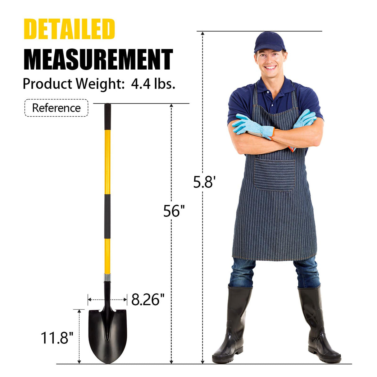 VNIMTI Heavy Duty Gardening Shovel, 56 Inch Round Blade with Fiberglass Handle (Yellow)