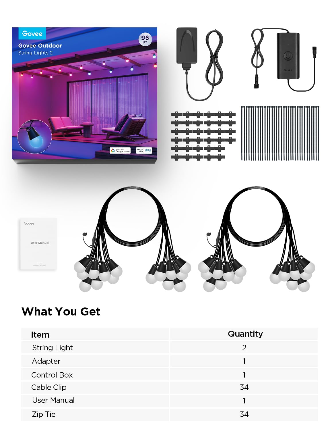Govee Smart Outdoor String Lights 2, 96ft RGBIC Outdoor Lights with Dimmable Warm White LED Bulbs, 47 Scene Modes for Patio, Backyard, IP65 Waterproof, Compatible with Alexa, App Control