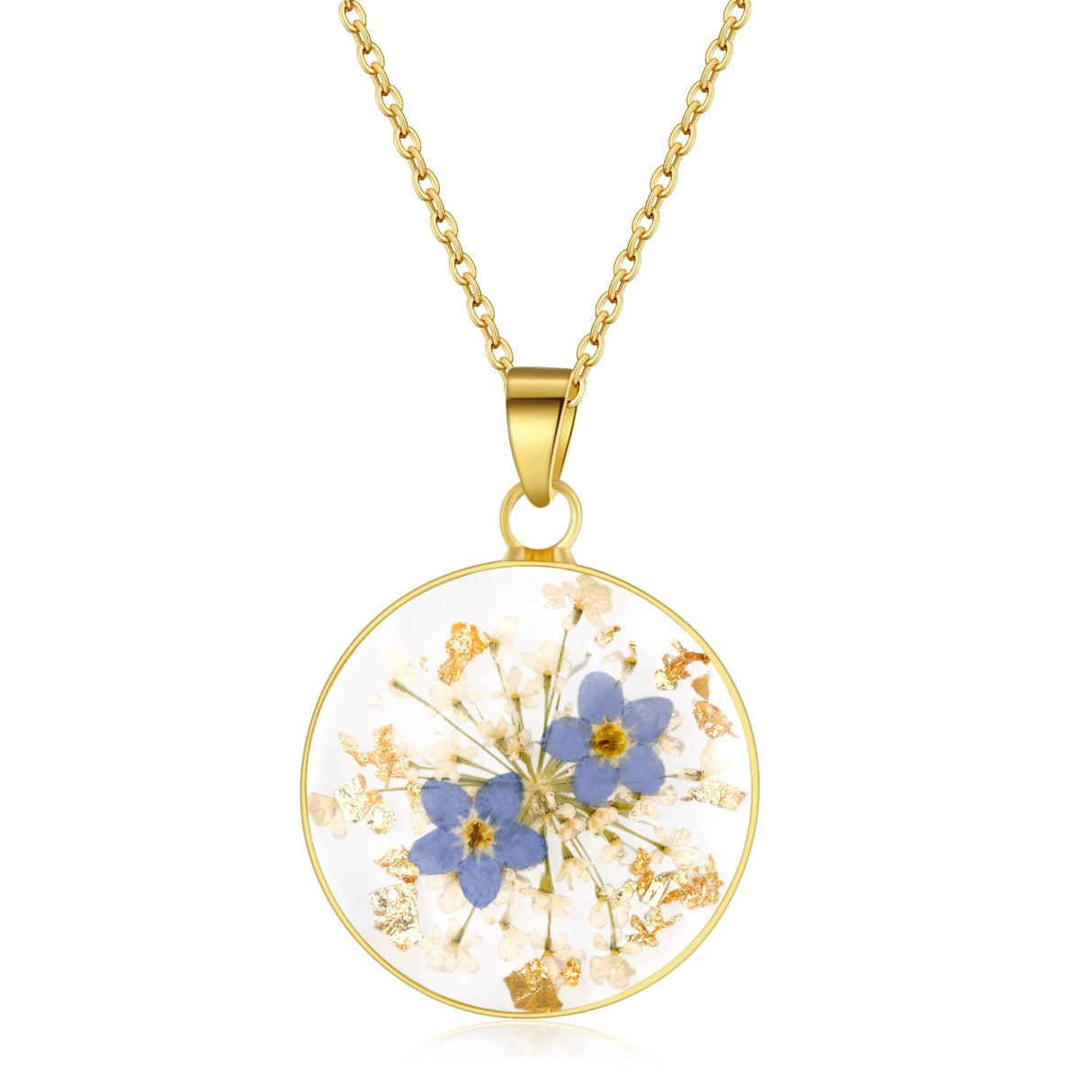 Forget-Me-Not and Queen Anne's Lace Pressed Wildflower Necklace | Gold Pressed Flower Necklace | Personalized Handmade Necklaces for Women | Forget-Me-Not Jewelry | Alaska State Flower Jewelry | 18ā