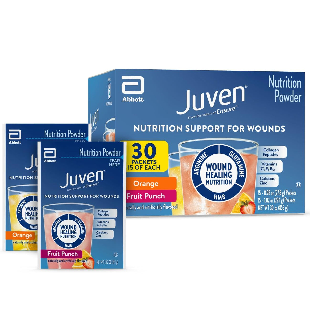 Juven Therapeutic Nutrition Drink Powder Including Collagen Peptides, Amino Acids, and HMB For Wound Healing Support, Variety Pack: Orange & Fruit Punch, 30 Packets