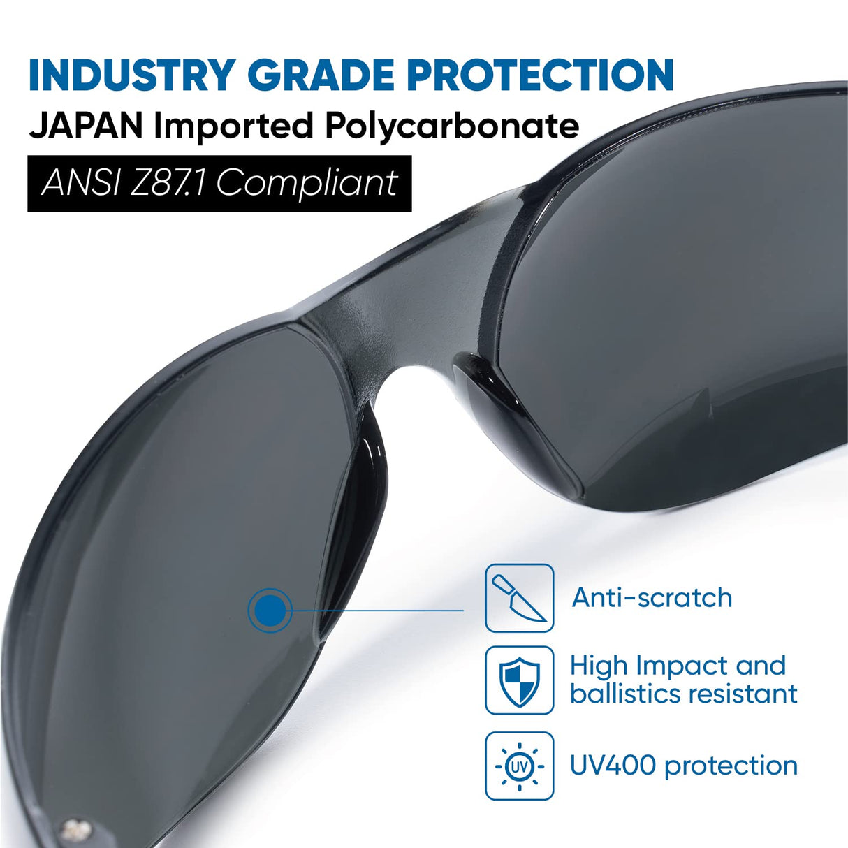 amoolo Tinted Safety Glasses Bulk of 24, Protective Safety Sunglasses, Dark Smoke Lenses for UV Protection, ANSI Z87.1 Impact Resistant Eye Protection for Work, Lab, Construction