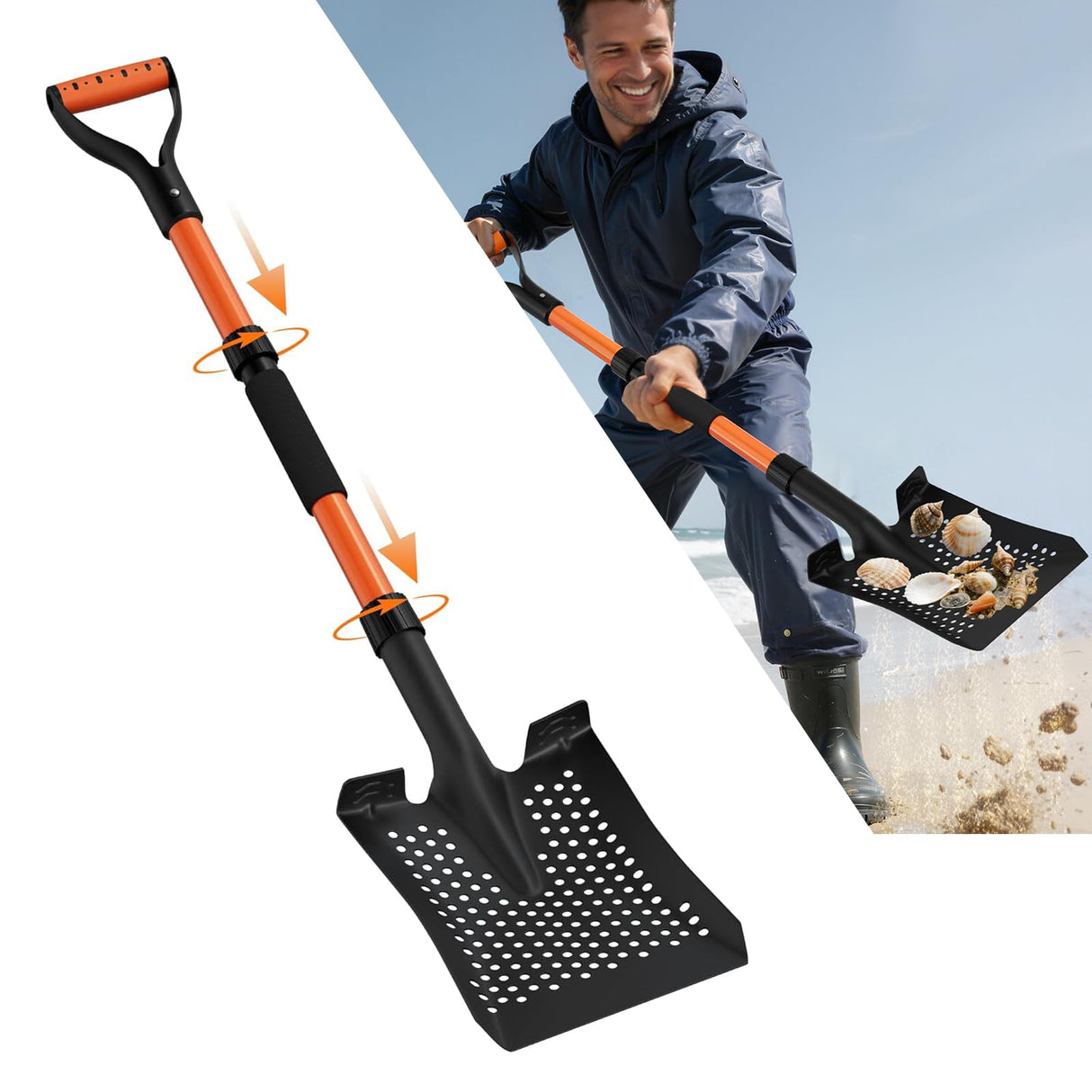 Sand Sifter Shovel for Beach: 42'' Sand Scoop for Metal Detecting with Ergonomic D-Handle - Sifting Shovel Twist-Lock Connection & Extra-Wide Step for Treasure Hunting & Metal Detecting Hobbyists