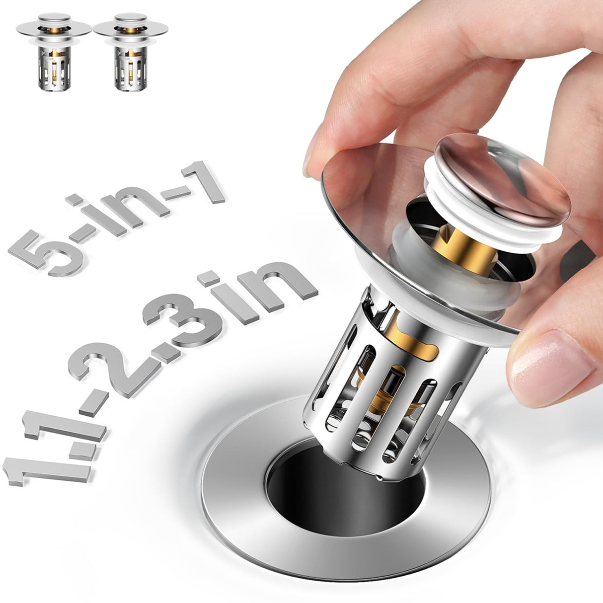 5-in-1 Bathroom Sink Stopper, 2 Pc Pop-Up Drain Stopper with Removable Hair Catcher, Anti-Clog Strainer, Odor Blocking & One-Way Flow Design, All Metal Brass Core & Stainless Steel, Fit 1.1"–2.36"