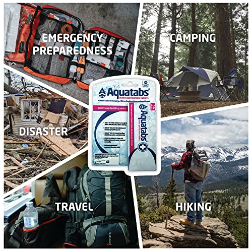 Aquatabs 49mg Water Purification Tablets (30 Pack). Water Filtration System for Hiking, Backpacking, Camping, Emergencies, Survival, and Home-Use. Easy to Use Treatment and Disinfection.