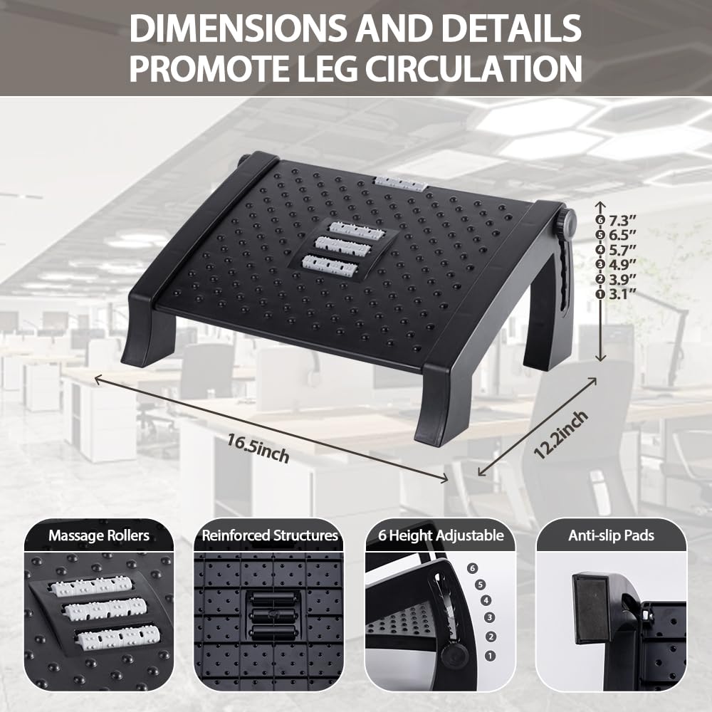 CasaZenith Foot Rest, Six Heights Adjustable Foot Rest for Under Desk at Work, Ergonomic Foot Stool for Under Office Desks, Under Desk Footrest with Foot Massage Roller, Office Leg Rest (Classics)