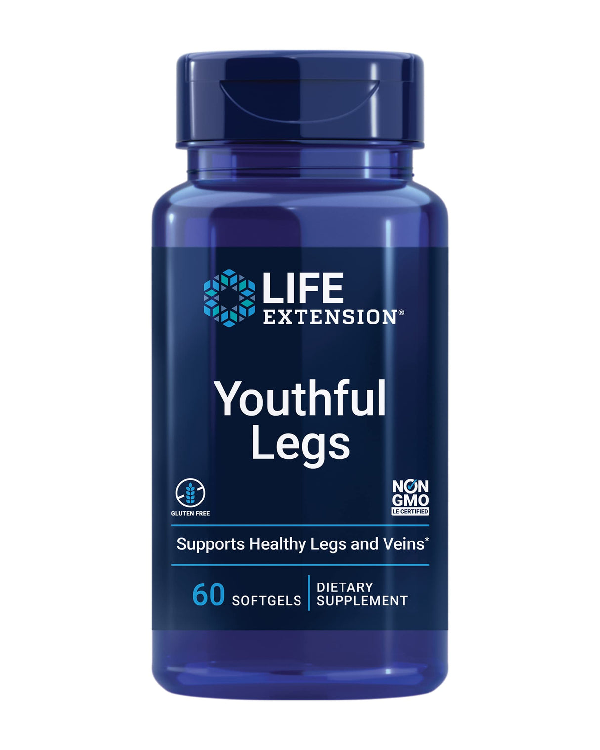Life Extension Youthful Legs, blood flow, vein support, circulation supplement, leg health, orange peel extract, diosmin, gluten free, non-GMO, 60 softgels