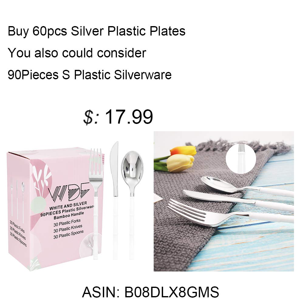 WDF 60pcs Silver Plastic Plates-Baroque White &Silver Plates for Upscale Parties &Wedding-including 30Plastic Dinner Plate 10.25inch, 30 Salad Plate 7.5inch for Christmas