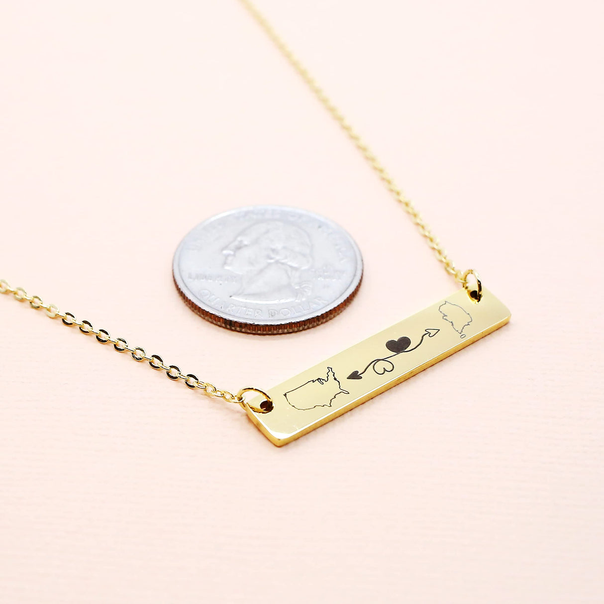 Personalized Long Distance Necklace Custom State Country Engraved Bar Pendant Stainless Steel Adjustable Cable Chain Jewelry for Couples Family Friends Deployment Relationship Keepsake