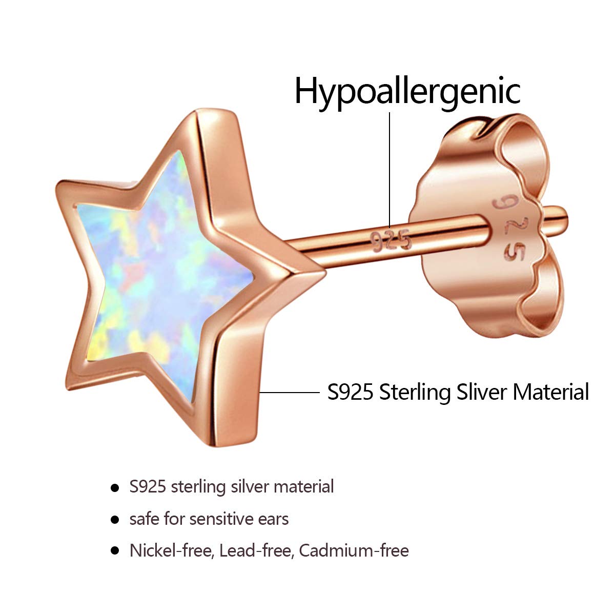 Rose Gold Plated Star Earrings for Girls, Hypoallergenic Fire Opal Stud Earrings For Women ARSKRO S925 Sterling Silver Post Little Small Cute Earring Jewelry Gifts for Sensitive Ears Kids