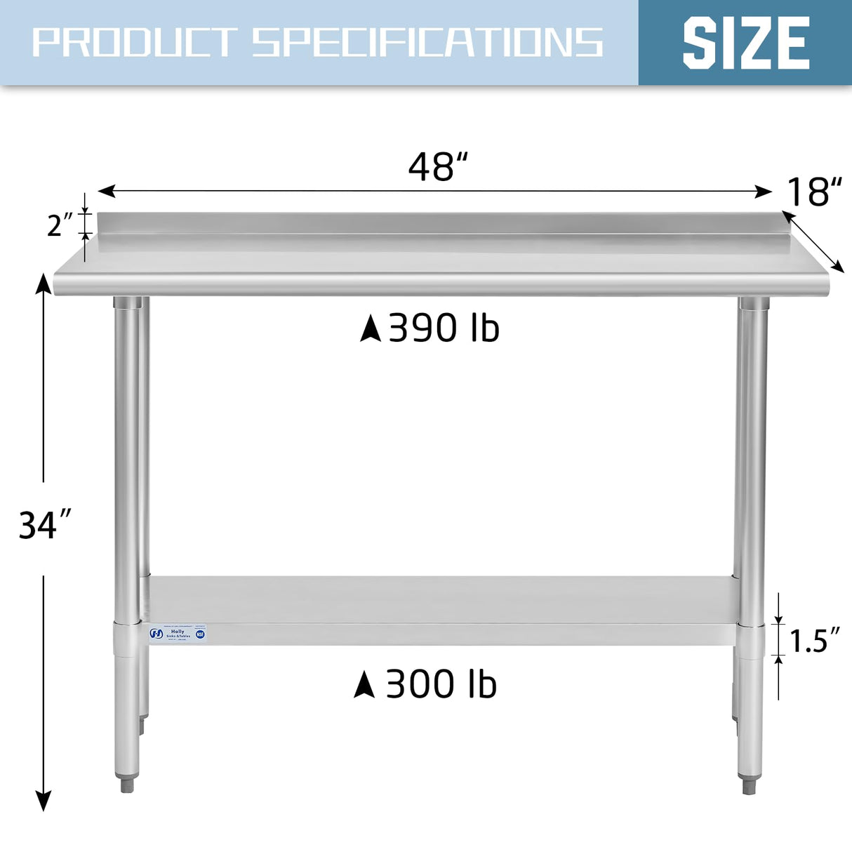 Hally Stainless Steel Table for Prep & Work 18 x 48 Inches, NSF Commercial Heavy Duty Table with Undershelf and Backsplash for Restaurant, Home and Hotel