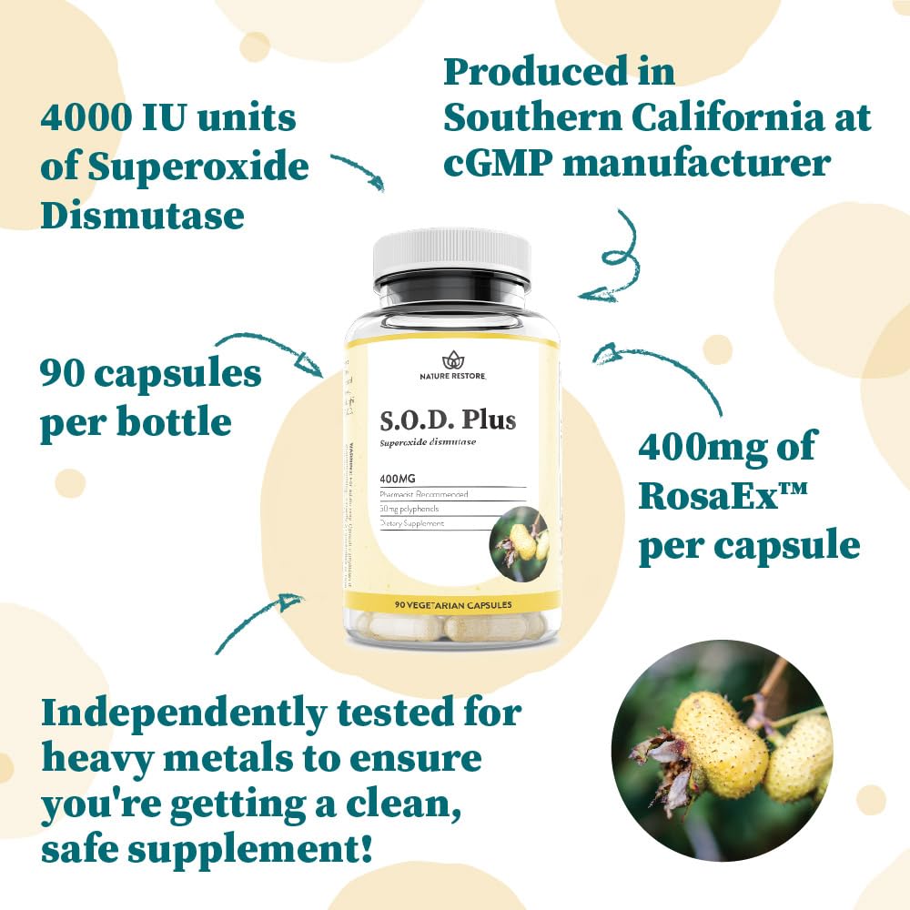 Nature Restore S.O.D. Superoxide Dismutase Supplement, 4,000 IU SOD-Like Activity, Vegan, 90 Capsules, Non-GMO, Gluten Free