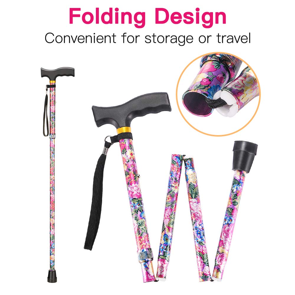 Walking Cane LIXIANG Cane for Woman | Mobility & Daily Living Aids | 5-Level Height Adjustable Walking Stick | Comfortable Plastic T-Handle Pink Print