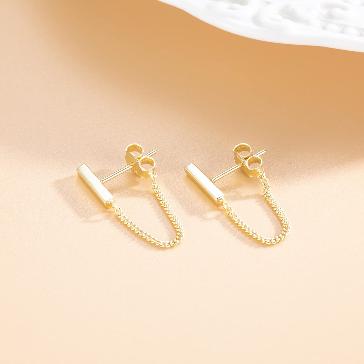 Reffeer 925 Sterling Silver Stud Earrings Minimalist Bar Earrings with Chain Dangle Earrings For Women (C-Yellow)