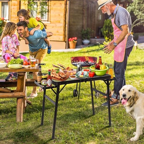 Grill Table Camping Table with 2 Wing Panels, Mesh Metal Folding Grill Table Height Adjustable & Lightweight & Portable Table for Outdoor Indoor Picnic, Camping, Beach and BBQ, RV