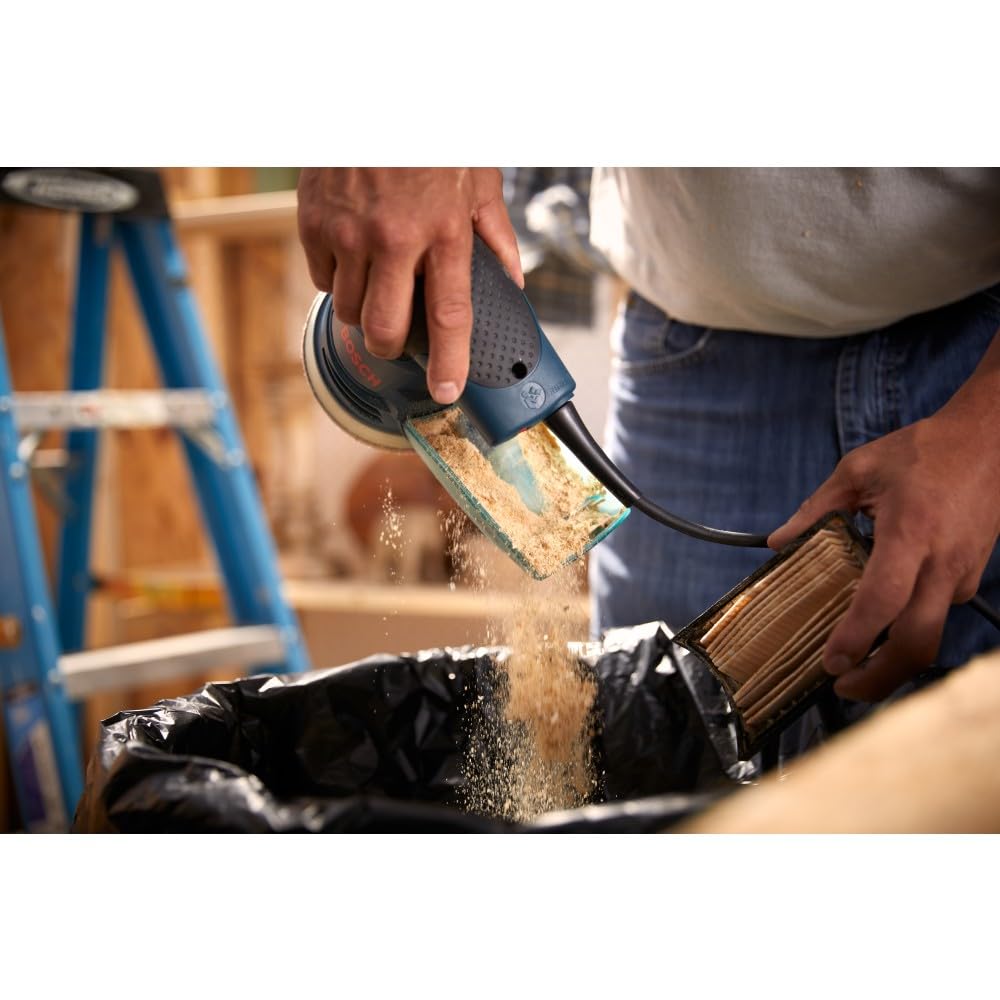 BOSCH ROS20VSC Palm Sander with Vacuum Dust Collector, 2.5 Amp 5 Inch Corded Variable Speed Random Orbital Sander, Polisher Kit with Soft Carrying Bag