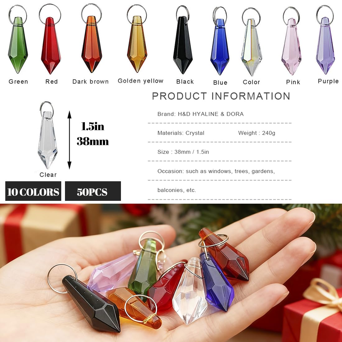 50 Pcs 38mm Multi-Color Crystal Icicle Prisms Chandelier Hanging Lamp Decor