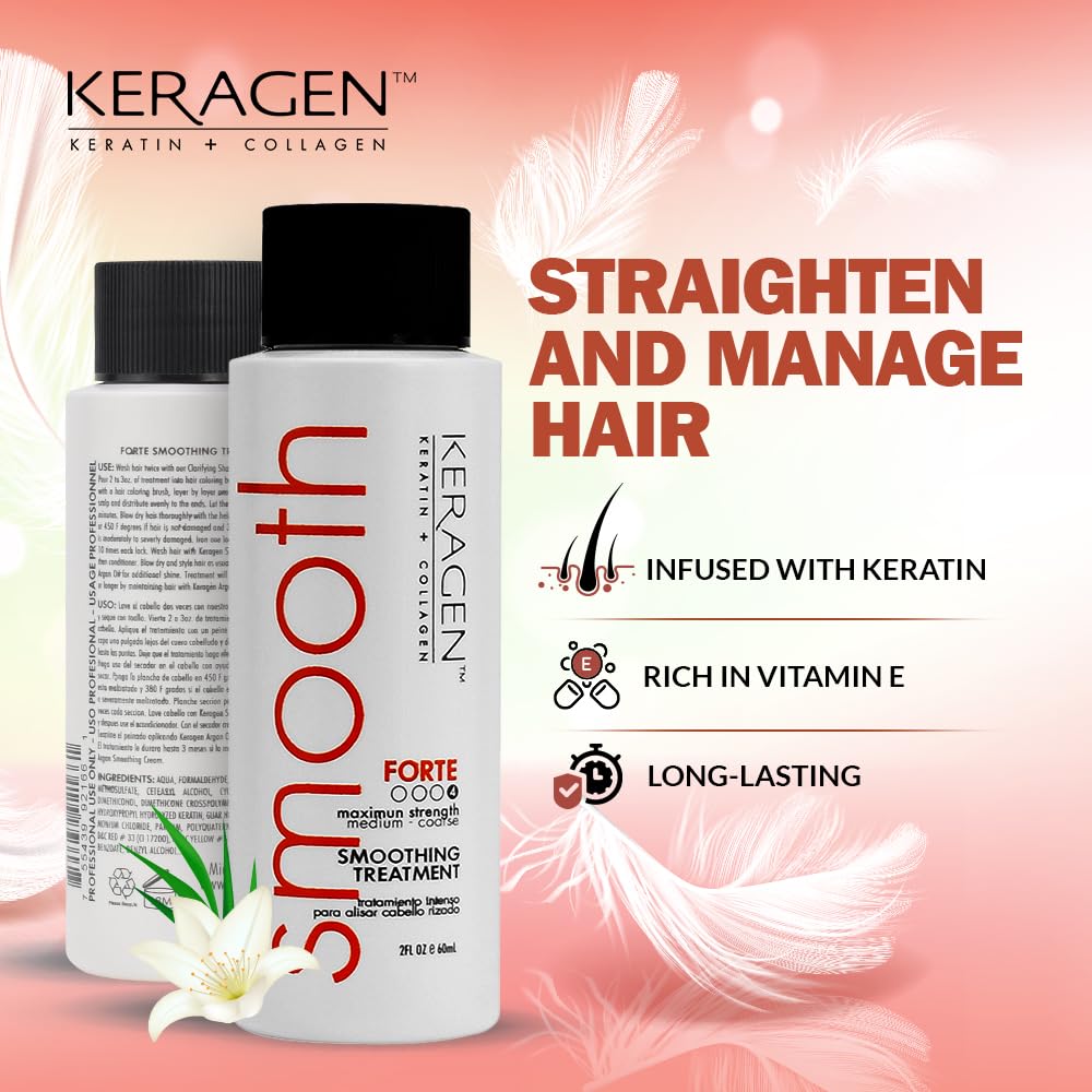 Keragen - Brazilian Keratin Smoothing Treatment, Blowout Straightening System for Dry and Damaged Hair - Forte, Sulfate Free - Eliminates Curls and Frizz, Medium to Coarse Hair (2 Oz)