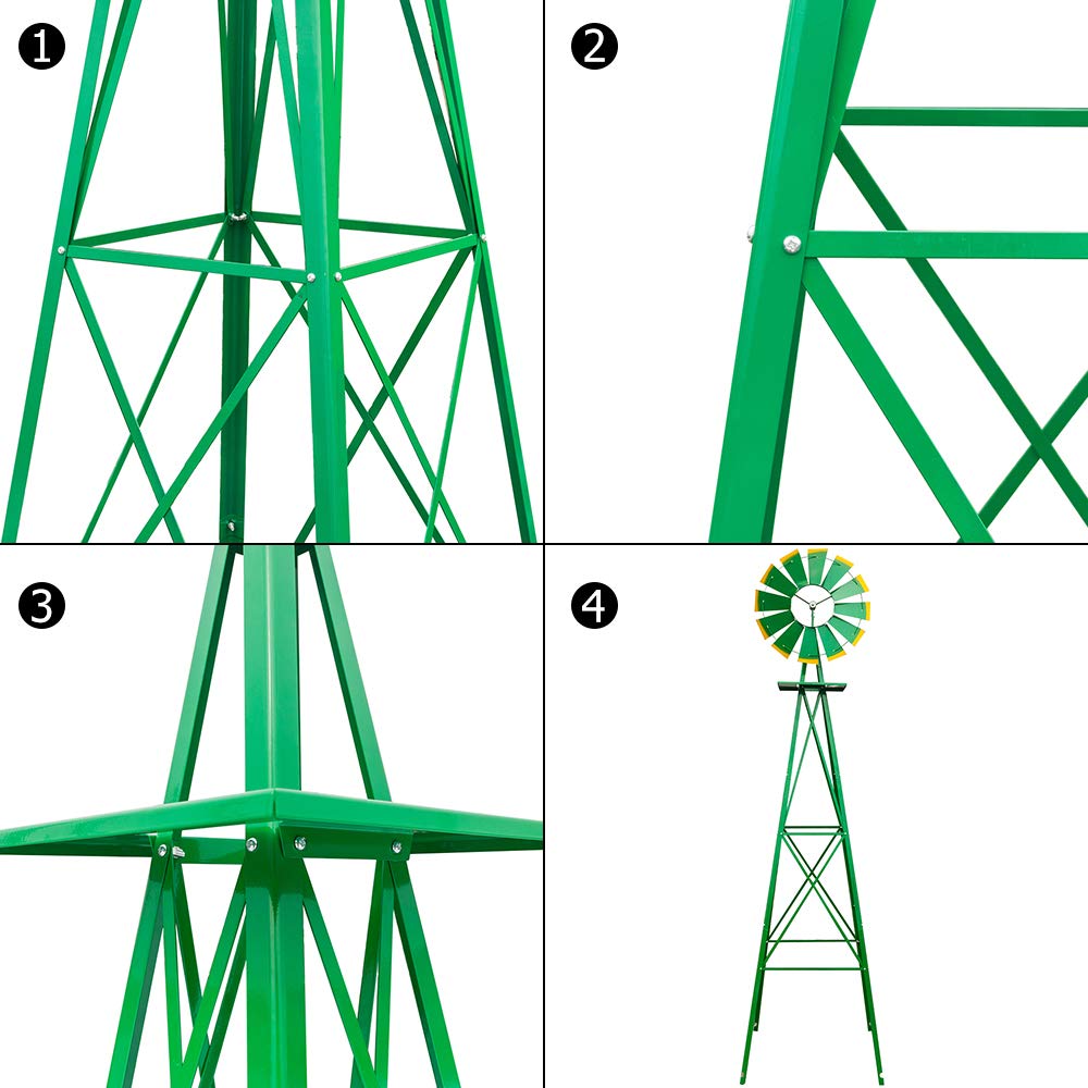 VINGLI Upgrade 8FT Ornamental Windmill Backyard Garden Decoration Weather Vane, Heavy Duty Metal Wind Mill w/ 4 Legs Design (Green)