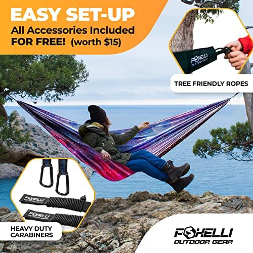 Foxelli Camping Hammock - Lightweight Portable Hammock, Easy Setup with Tree-Friendly Ropes & Steel Carabiners, Heavy Duty Parachute Nylon for Indoors and Outdoors