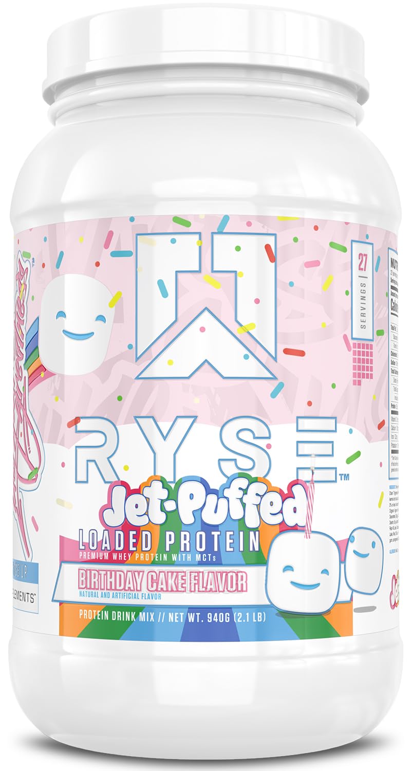 RYSE Loaded Protein Powder - Jet-Puffed Birthday Cake - 25g Whey Protein Isolate & Concentrate with Prebiotic Fiber & MCTs - Low Carb, Low Sugar, Digestive-Friendly - 27 Servings / 2 lb Tub