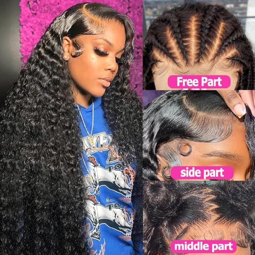 32 Inch Deep Wave Lace Front Wigs Human Hair 13x6 HD Lace Frontal Wigs Human Hair 200 Density Pre Plucked Deep Curly Lace Front Wigs For Women Glueless Deep Wave Wig with Baby Hair Natural Black