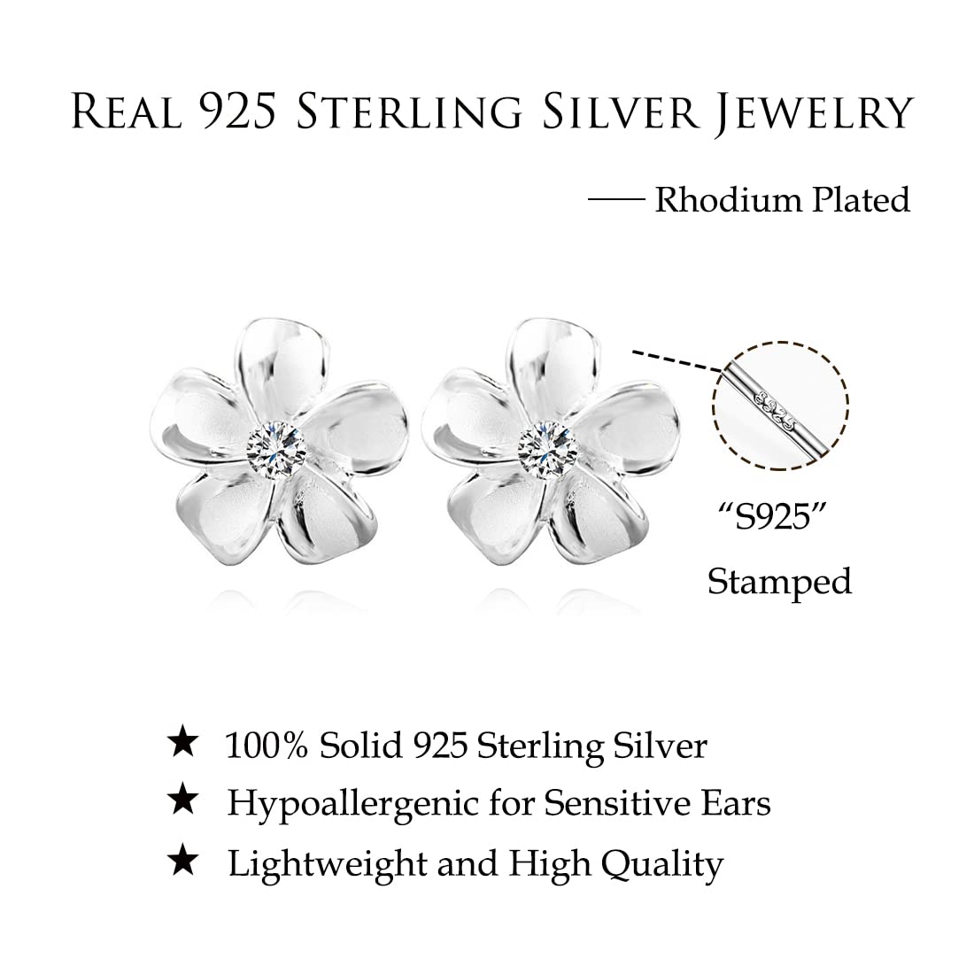 Reffeer Solid 925 Sterling Silver Plumeria Flower Stud Earrings for Women Teen Girls Crystal Flower Stud Earrings (A-Silver)