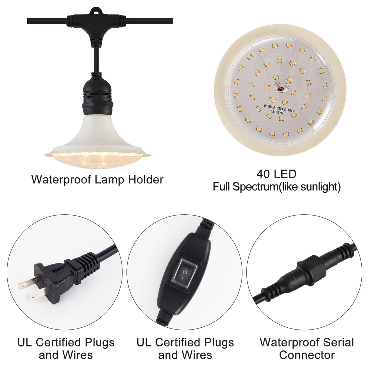PuxiGrow Outdoor LED Grow Lights, Waterproof String Grow Light, Full Spectrum Plant Growing Lights with 22Ft Cord, 6 Lights for Outdoor, Greenhouse Planting, Rainproof and Windproof