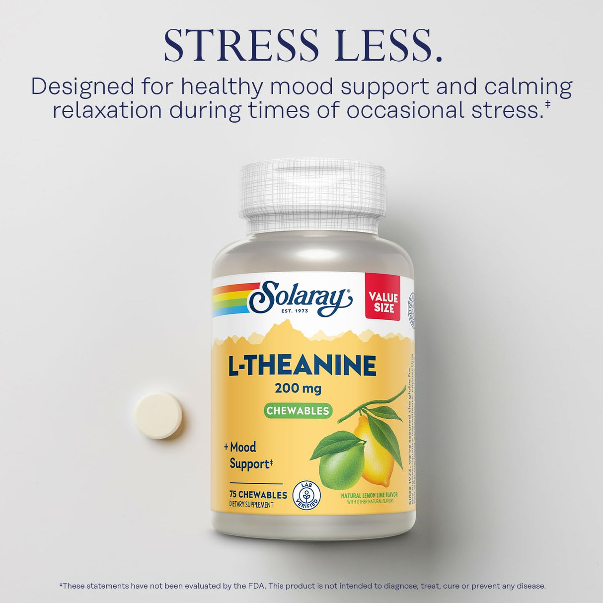 SOLARAY L Theanine 200mg, Mood Support Supplement with Vitamin B6 - Calming Support During Occasional Stress - Natural Lemon Lime Flavor - 60-Day Guarantee, Lab Verified - 75 Servings, 75 Chewables