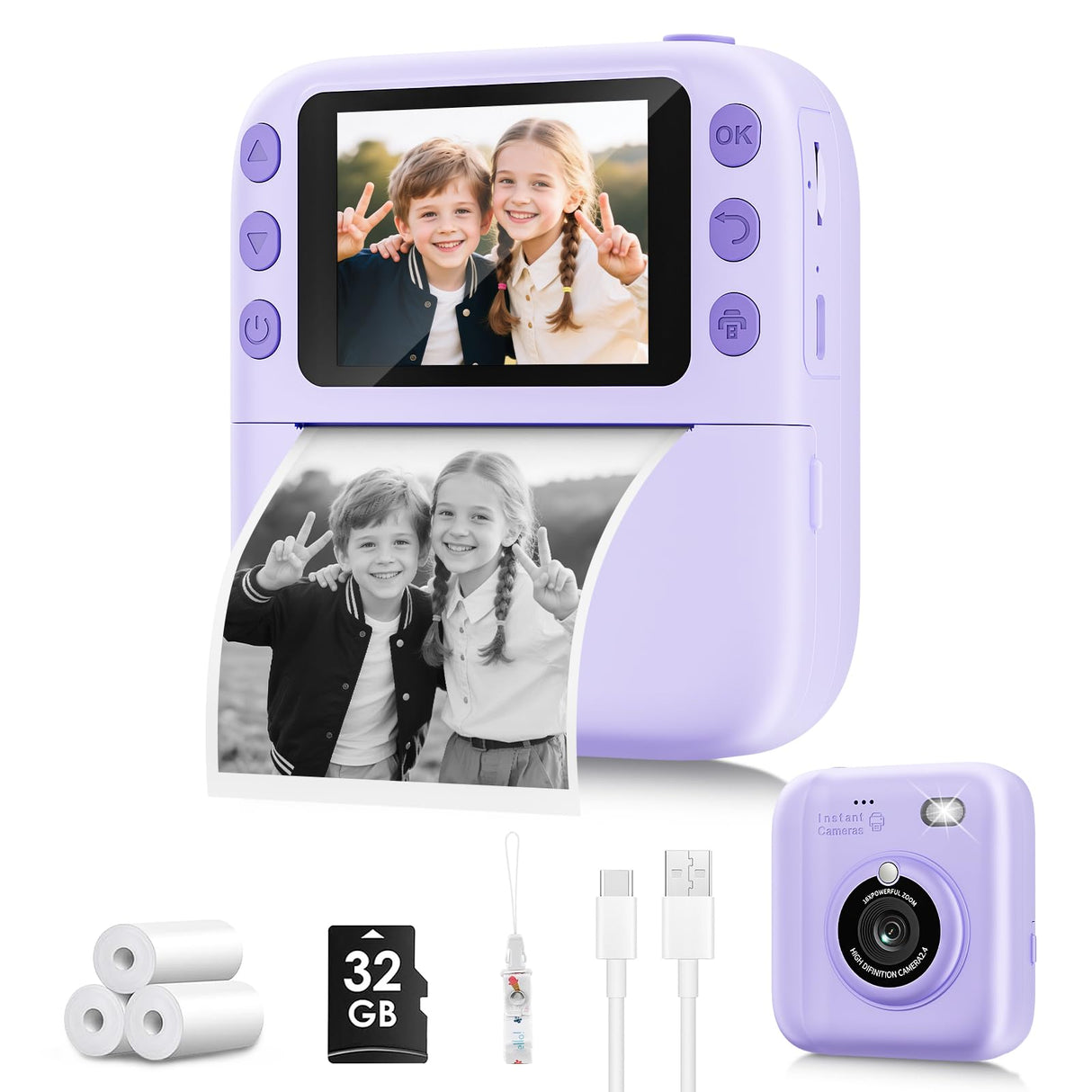 Instant Print Camera for Kids, Christmas Birthday Gifts for Girls Boys, 1080P Instant Digital Print Cameras for Toddler,Portable Toy for 4 5 6 7 8 9 10 Year Old Girl with 32GB SD Card,Purple