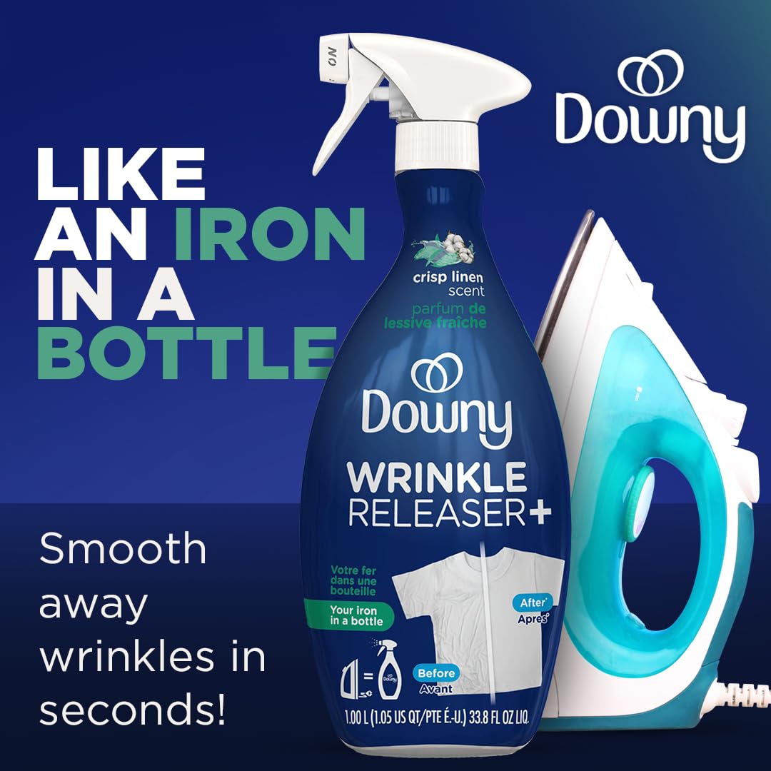 Downy Wrinkle Releaser Spray, All In One Formula, Removes Wrinkles, Static and Odor Eliminator, Crisp Linen Scent, 33.8 Fl Oz, Pack of 2 (Packaging May Vary)