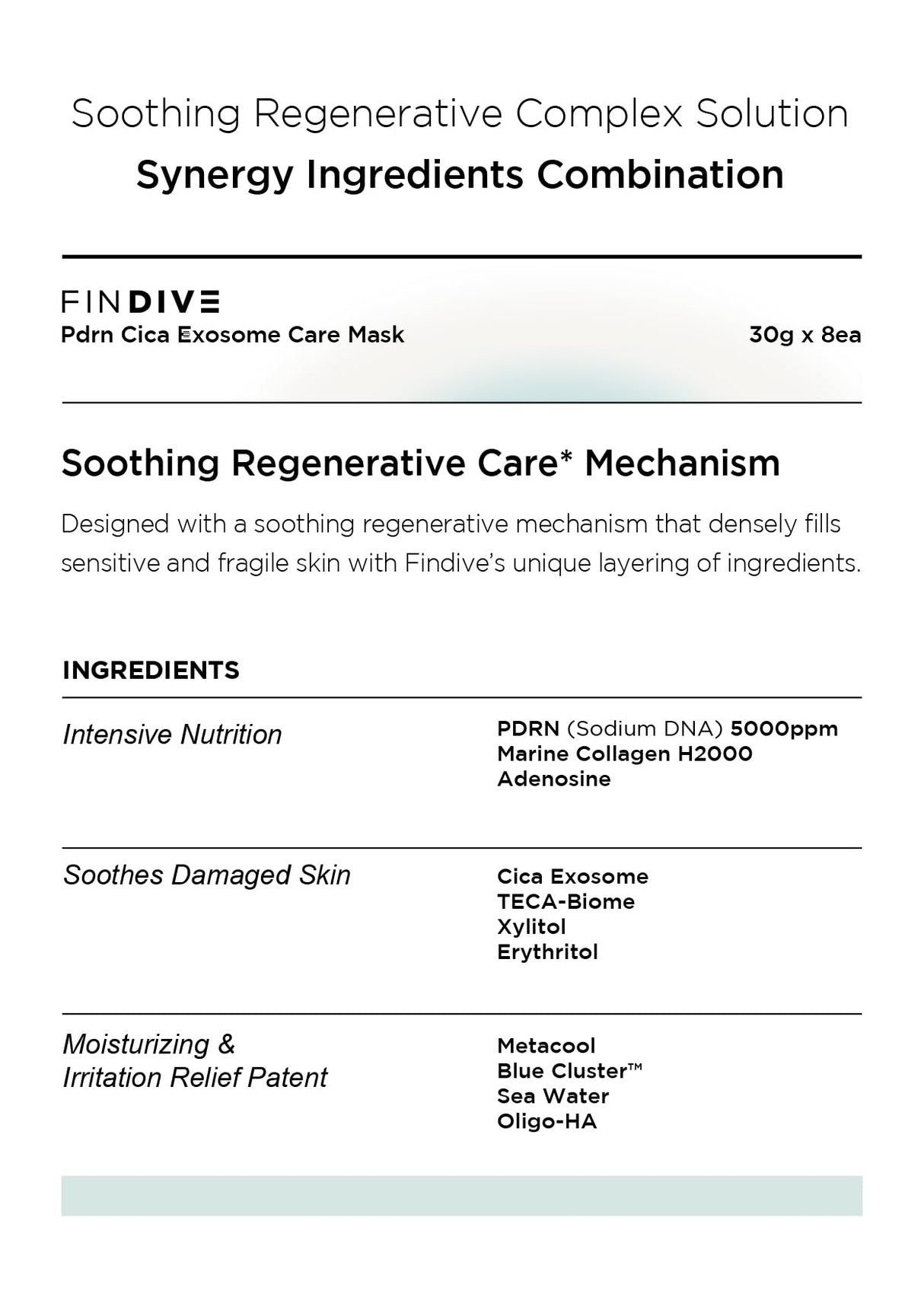 FINDIVE OFFICIAL PDRN CICA Exosome Care Mask, PDRN (Sodium DNA) 5,000ppm, Cica Exosome, Marin Collagen, Soothes, Regenerates Skin, 1.05fl.oz*8