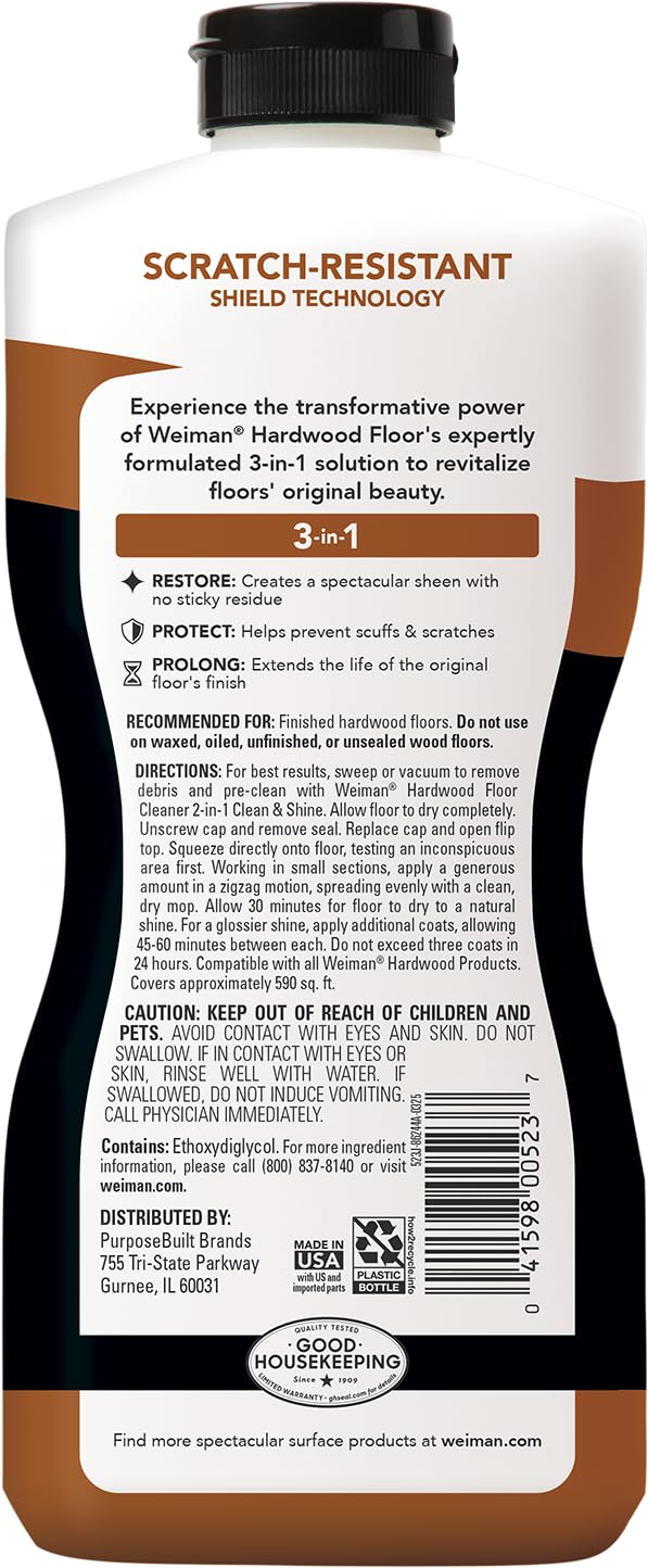 Weiman Wood Floor Polish and Restorer 32 Oz 3PC Bundle - High-Traffic Hardwood Floor, Natural Shine, Removes Scratches, Leaves Protective Layer