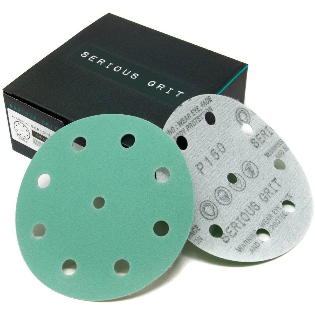 Serious Grit - 5-Inch 9-Hole 150 Grit Sanding Discs - Heavy-Duty Hook & Loop Film Discs - Sandpaper for Random Orbital Sanders - 50 Pack Box
