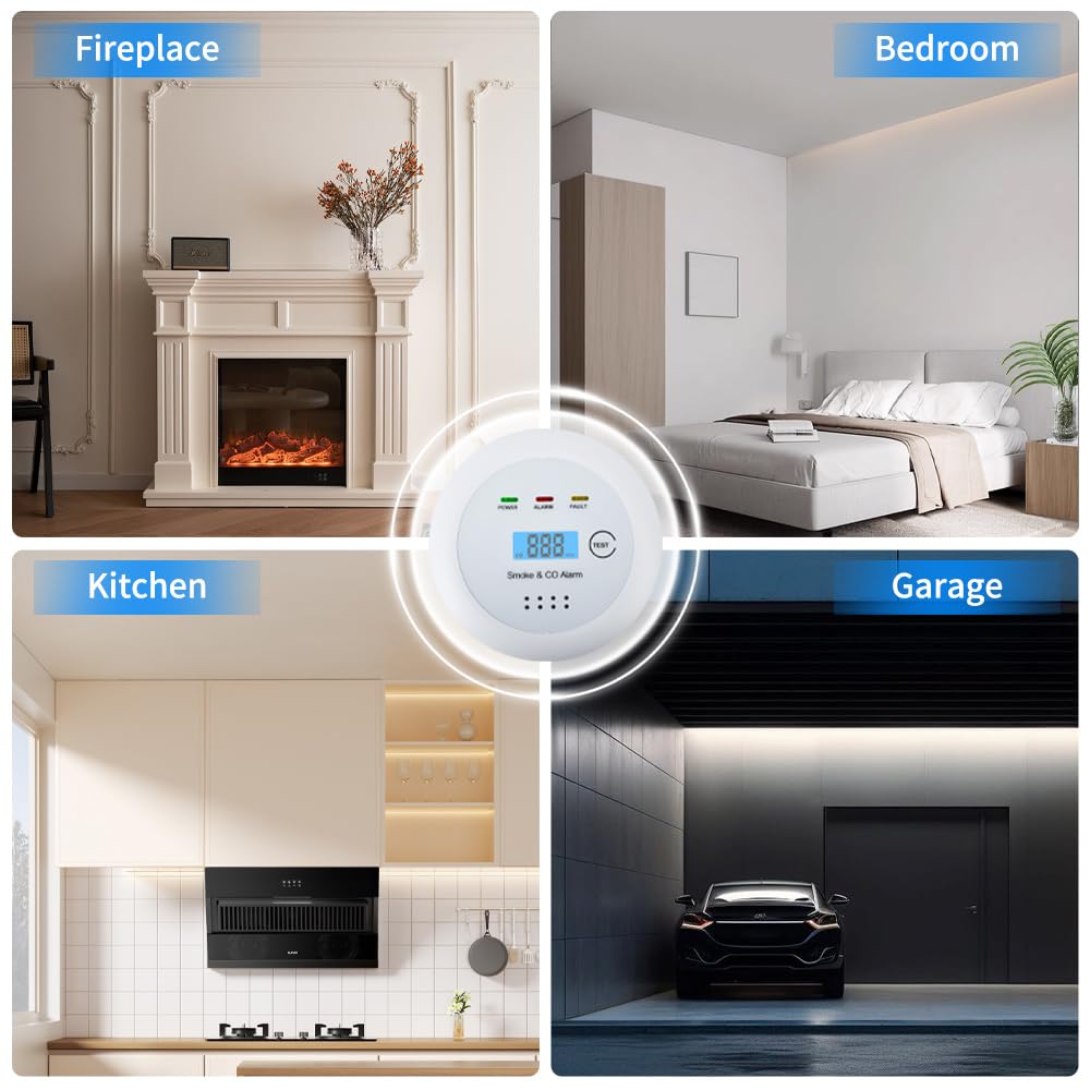 2 in1 Smoke Detector Carbon Monoxide Detector Combo,with LCD Digital Display and Sound Warning Test Button,Battery Powered,Easy Installation, for Home, Bedroom, Kitchen (1PACK)