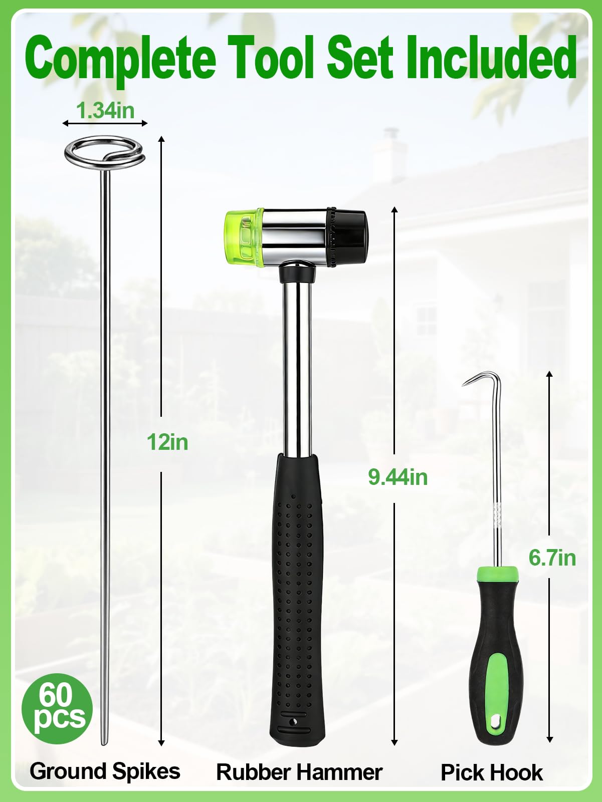 12 Inch Landscape Staples with Hook & Hammer - 60pcs Circle Top Weed Barrier Stakes Kit, 9 Gauge Galvanized Rust-Resistant Garden Fabric Pins, for SOD, Garden Edging, Install & Remove Tools Included