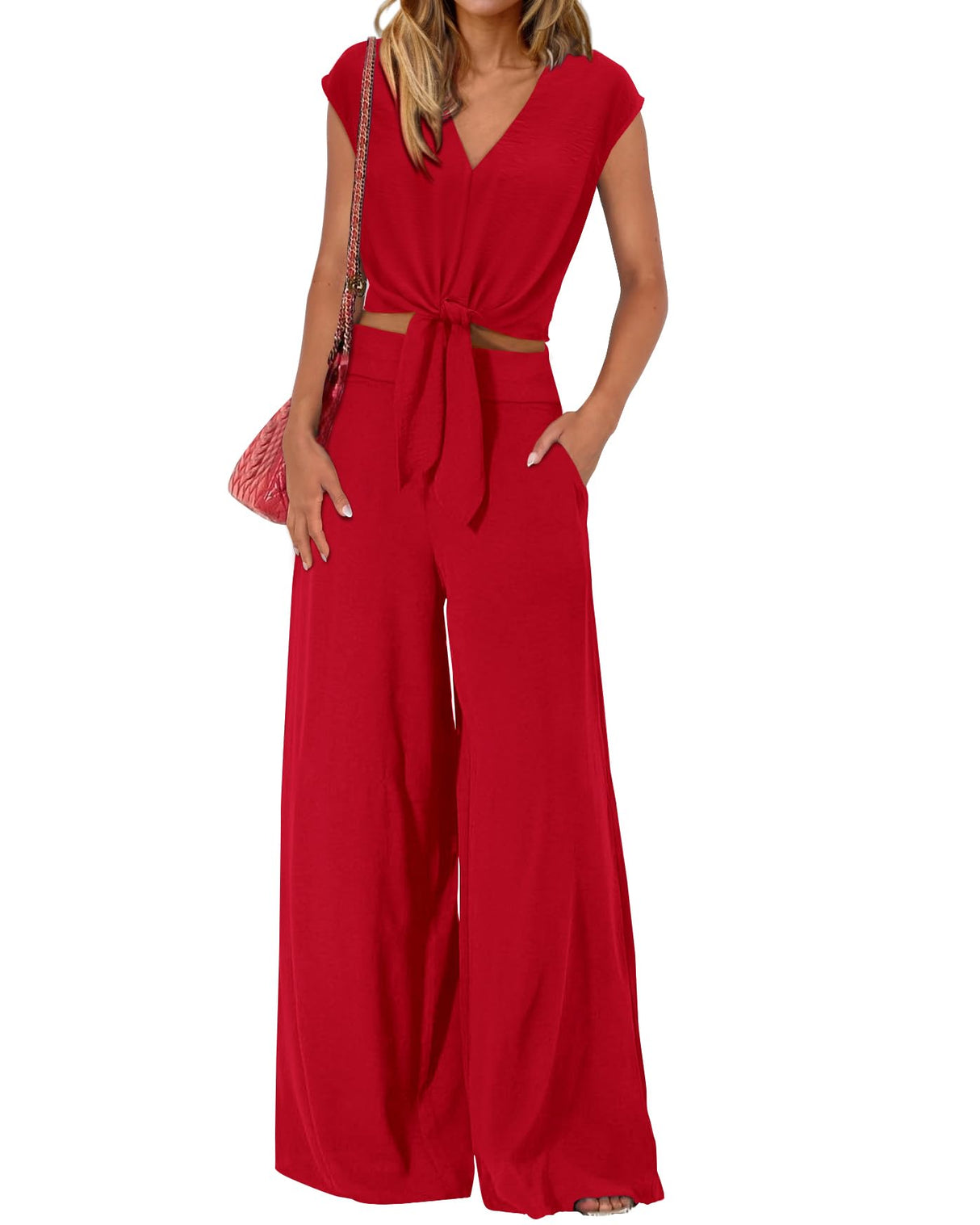 PRETTYGARDEN Women's Casual Summer Outfits 2 Piece Cute Cap Sleeve Tie Front Tops Loose Fit Pant Fashion Airport Outfit(Solid Red,Medium)