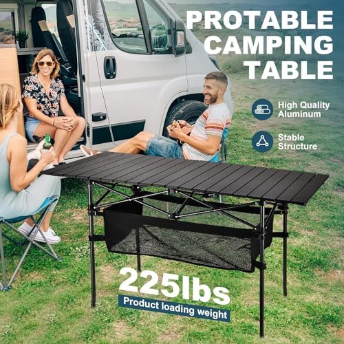 Lightweight Aluminum Folding Camping Table (47” x 21.65” x 26.7”), Portable Roll-Up Design for Outdoor, Camping, Beach, BBQ, Patio, and Picnic, Durable & Waterproof with Carrying Bag