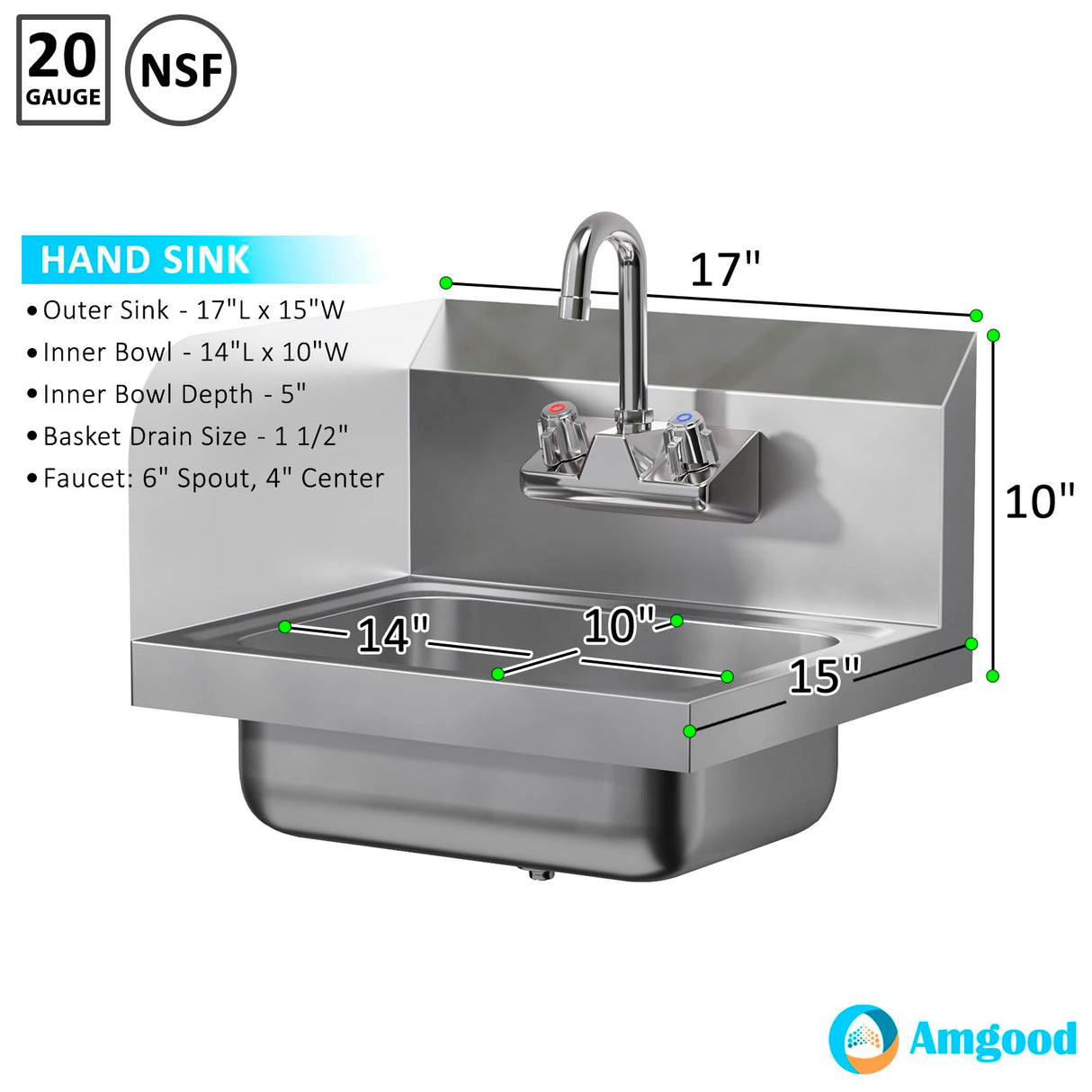AmGood Stainless Steel Wall Mount Hand Sink with Faucet and Left Sidesplash 17" x 15" | NSF Commercial Hand Washing Basin For Restaurant, Kitchen and Home | Bowl Size: 10" x 14"