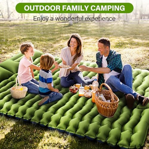 Double Sleeping Pad - Self Inflating 4" Extra-Thick for 2 Person with Pillow Built-in Foot Pump Inflatable Sleeping Mat for Backpacking, Hiking, Traveling, Tent, Portable Camping Mat