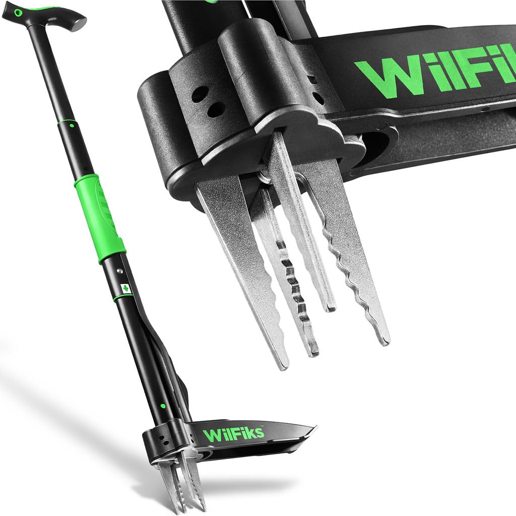 Weed Puller Tool with Long Adjustable Handle (36", 38", & 43"), Quick-Release Weed Ejector Mechanism, Lightweight Aluminum Stand-Up Heavy Duty Weed Remover, 4-Claw Head & Foot Pedal for Easy Weeding