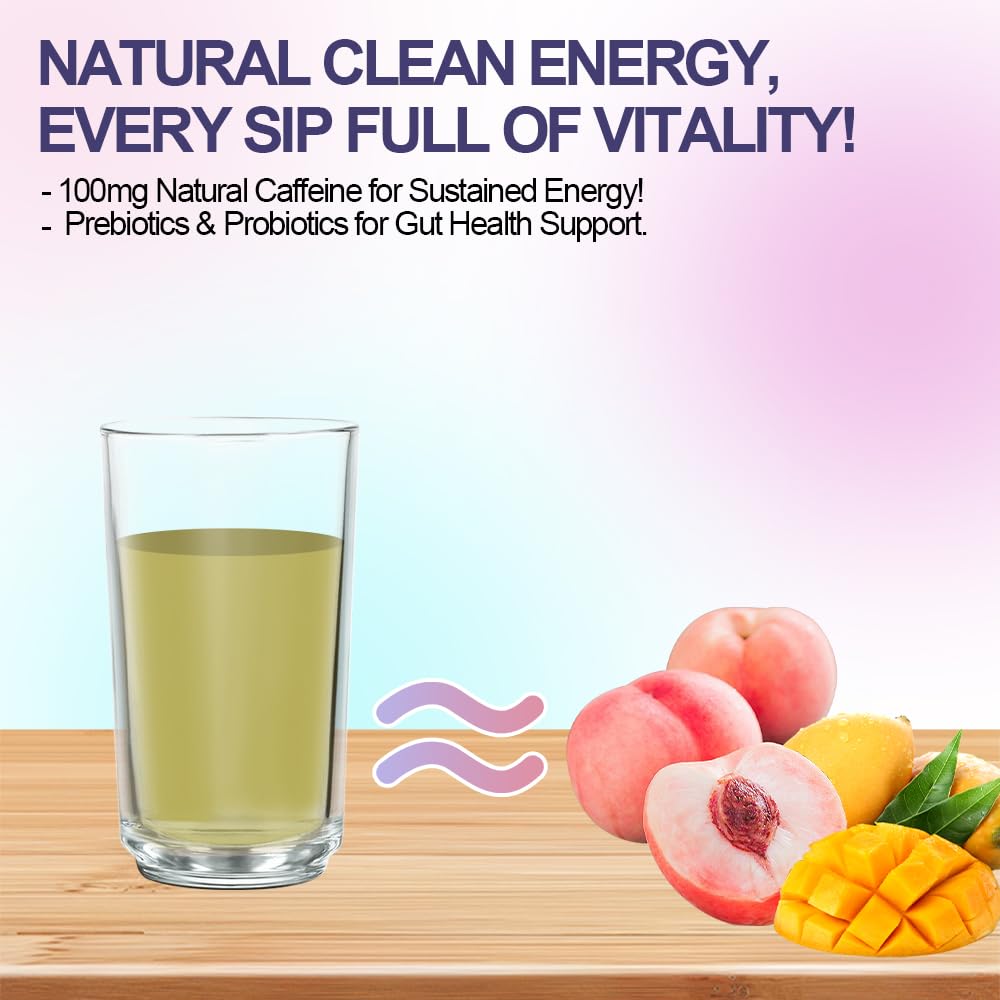 Yerba Mate Instant Powder, 3-in-1 Super Drink Clean Energy, Brain Fog Buster, Supports Energy, Focus and Gut Health, Peach Mango Flavor.